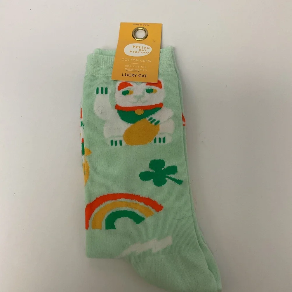YELLOW OWL WORKSHOP COTTON WOMENS CREW SOCKS LUCKY CAT AND CLOVER OS NWT